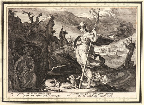 Anonymous after Hendrick Goltzius (Dutch, 1558 - 1617). Minerva Commanding Envy to Remove the Jealousy in the Heart of Agraulos, ca. 1590. From Metamorphoses. Engraving on wove paper. Plate: 175 mm x 253 mm (6.89 in. x 9.96 in.). Undescribed first state.