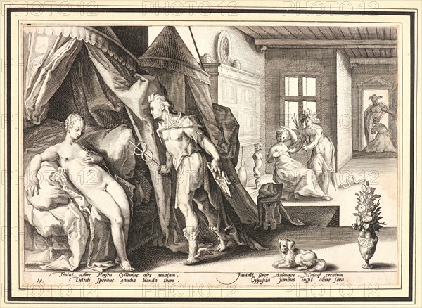 Anonymous after Hendrick Goltzius (Dutch, 1558 - 1617). Mercury Entering Herse's Room after Changing Agraulos to Stone, ca. 1590. From Metamorphoses. Engraving on wove paper. Plate: 173 mm x 255 mm (6.81 in. x 10.04 in.). Undescribed first state.