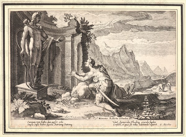 Anonymous after Hendrick Goltzius (Dutch, 1558 - 1617). Cadmus Asks the Oracle at Delphi Where He Can Find His Sister, Europa, 1615. From Metamorphoses. Engraving on wove paper. Plate: 174 mm x 252 mm (6.85 in. x 9.92 in.).