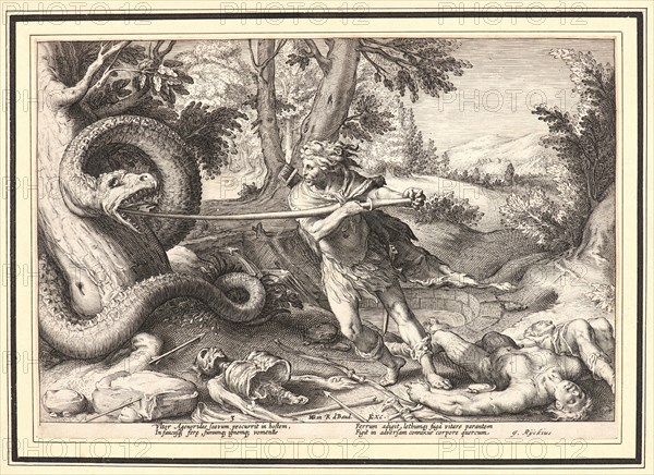 Anonymous after Hendrick Goltzius (Dutch, 1558 - 1617). Cadmus Killing the Dragon, ca. 1615. From Metamorphoses. Engraving on wove paper. Plate: 176 mm x 254 mm (6.93 in. x 10 in.).