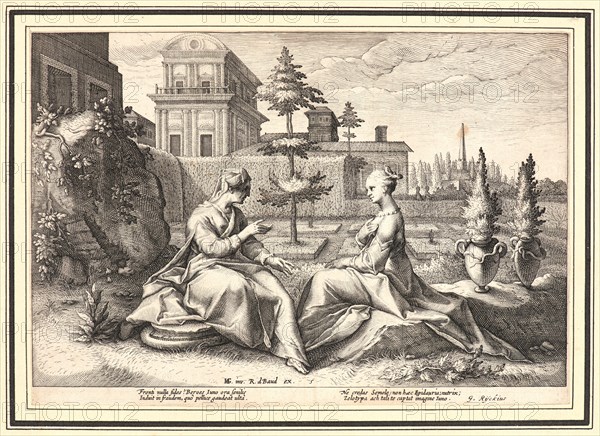Anonymous after Hendrick Goltzius (Dutch, 1558 - 1617). Juno in the Form of Beroe, Nurse to Semele, Warning the Young Girl to Beware of Jupiter's Advances, ca. 1615. From Metamorphoses. Engraving on wove paper. Plate: 167 mm x 251 mm (6.57 in. x 9.88 in.).