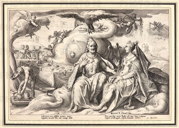 Anonymous after Hendrick Goltzius (Dutch, 1558 - 1617). The Dispute between Jupiter and Juno over Which of the Two Sexes Finds Greatest Pleasure, ca. 1615. From Metamorphoses. Engraving on wove paper. Plate: 174 mm x 253 mm (6.85 in. x 9.96 in.).