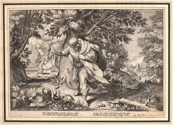 Anonymous after Hendrick Goltzius (Dutch, 1558 - 1617). Tiresias, in the Form of a Woman, Striking Two Coupled Snakes with His Staff, ca. 1615. From Metamorphoses. Engraving on wove paper. Plate: 175 mm x 254 mm (6.89 in. x 10 in.).