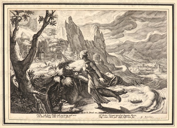Anonymous after Hendrick Goltzius (Dutch, 1558 - 1617). Thisbe Frightened by the Lion, ca. 1615. From Metamorphoses. Engraving on wove paper. Plate: 176 mm x 252 mm (6.93 in. x 9.92 in.).
