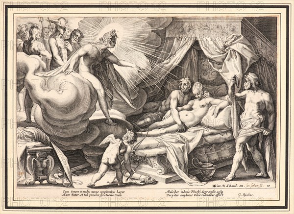 Anonymous after Hendrick Goltzius (Dutch, 1558 - 1617). Phoebus Exposing Mars and Venus to the Ridicule of the Olympians, ca. 1615. From Metamorphoses. Engraving on wove paper. Plate: 177 mm x 253 mm (6.97 in. x 9.96 in.).
