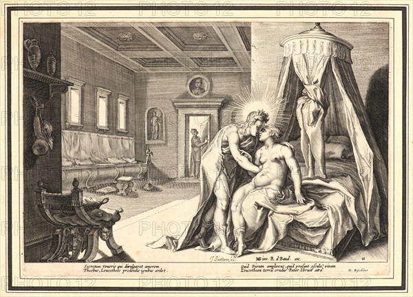 Anonymous after Hendrick Goltzius (Dutch, 1558 - 1617). Apollo Abusing Leucothe in the Form of Eurynome, Her Mother, ca. 1615. From Metamorphoses. Engraving on wove paper. Plate: 175 mm x 251 mm (6.89 in. x 9.88 in.).