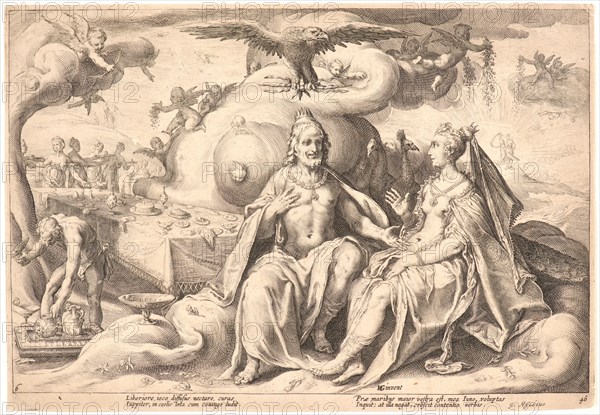 Anonymous after Hendrick Goltzius (Dutch, 1558 - 1617). The Dispute between Jupiter and Juno over Which of the Two Sexes Finds Greatest Pleasure, ca. 1615. From Metamorphoses. Engraving on wove paper. Plate: 176 mm x 254 mm (6.93 in. x 10 in.). Probably later state not published by Baudous.