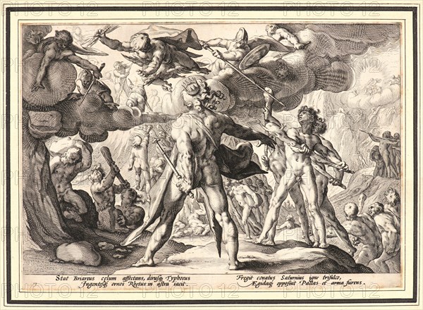Anonymous after Hendrick Goltzius (Dutch, 1558 - 1617). The Giants Climbing the Heavens, ca. 1589. From Metamorphoses. Engraving on wove paper. Plate: 174 mm x 252 mm (6.85 in. x 9.92 in.).