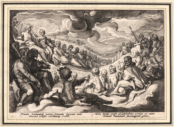 Anonymous after Hendrick Goltzius (Dutch, 1558 - 1617). Jupiter Taking Counsel from the Gods about the Destruction of the Universe, ca. 1589. From Metamorphoses. Engraving on wove paper. Plate: 174 mm x 252 mm (6.85 in. x 9.92 in.).