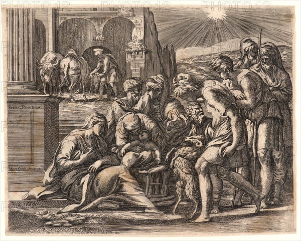 Mauro Oddi (Italian, 1639-1702) after Parmigianino (aka Francesco Mazzola, Italian, 1503 - 1540). Adoration of the Shepherds, 1664. Etching.