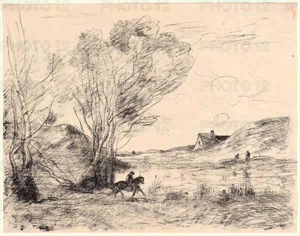 Jean-Baptiste-Camille Corot (French, 1796 - 1875). Rider in the Reeds, 1871. Transfer lithograph on thin wove paper. Image: 215 mm x 278 mm (8.46 in. x 10.94 in.). First of two states, before signature.