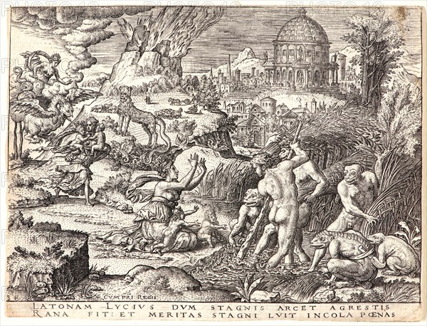 Etienne Delaune (French, ca. 1519-1583) after Giovanni Francesco Penni (aka Francesco Penni il Fattore, Italian, ca. 1496 - ca. 1528). Latona Transforms the Lykian Peasants Who Had Insulted Her into Frogs (Ovid, Metamorphoses VI, 314-338), 16th century. From History of Apollo and Diana [set of six]. Engraving. First of two states.