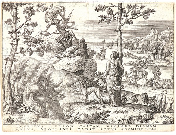 Etienne Delaune (French, ca. 1519-1583) after Giovanni Francesco Penni (aka Francesco Penni il Fattore, Italian, ca. 1496 - ca. 1528). Orion Killed by Apollo, 16th century. From History of Apollo and Diana [set of six]. Engraving. First of two states.