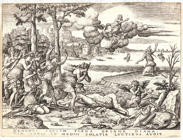 Etienne Delaune (French, ca. 1519-1583) after Giovanni Francesco Penni (aka Francesco Penni il Fattore, Italian, ca. 1496 - ca. 1528). Diana Deploring the Death of Orion, 16th century. From History of Apollo and Diana [set of six]. Engraving. First of two states.