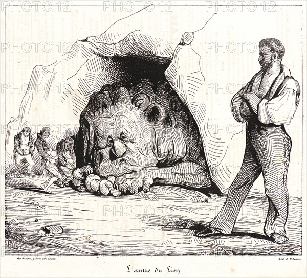 Honoré Daumier (French, 1808 - 1879). L'Antre du Lion, 1834. Pen lithograph on newsprint paper. Image: 199 mm x 238 mm (7.83 in. x 9.37 in.).