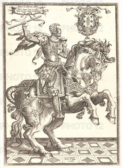 Cristofano Bertelli (Italian, born ca. 1525, active ca. 1550â€ì1600). Equestrian Portrait of Ottavio Farnese, ca. 1550-1560. Engraving. Sheet: 362 mm x 258 mm (14.25 in. x 10.16 in.).