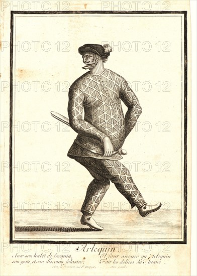 Nicolas Bonnart (French, 1636 - 1718). L'Arlequin, ca. 1680-1690. From Five Characters from the Commedia dell'Arte. Etching on laid paper. Plate: 263 mm x 186 mm (10.35 in. x 7.32 in.) (dimensions are approximate).