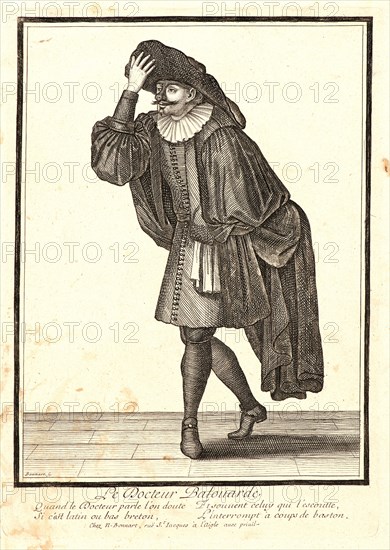 Nicolas Bonnart (French, 1636 - 1718). Le Docteur Balouarde, ca. 1680-1690. From Five Characters from the Commedia dell'Arte. Etching on laid paper. Plate: 263 mm x 186 mm (10.35 in. x 7.32 in.) (dimensions are approximate).
