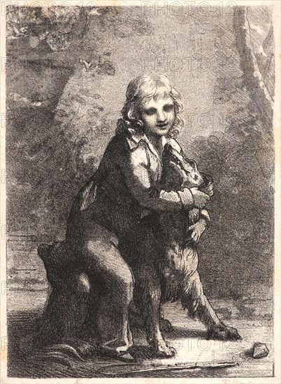 Pierre-Paul Prud'hon (French, 1758 - 1823). L'Enfant au Chien, 1822. Lithograph with another lithograph on verso.