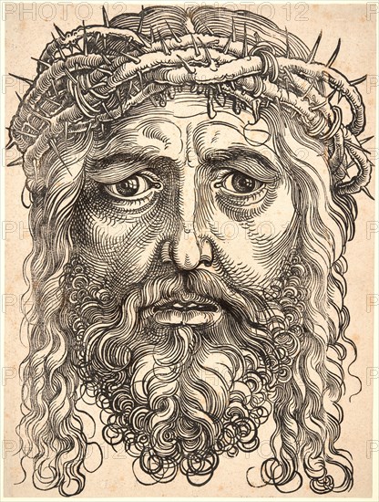 Hans Sebald Beham (German, 1500-1550). The Head of Christ Crowned with Thorns, ca. 1520-1530. Woodcut. Image: 419 mm x 314 mm (16.5 in. x 12.36 in.). Second state.