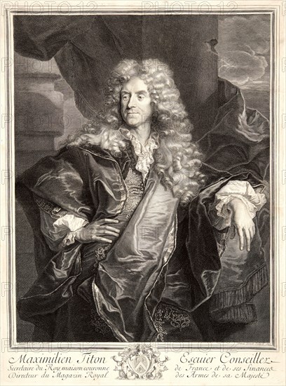 Pierre Drevet (French, 1663-1738) after Hyacinthe Rigaud (French, 1659 - 1743). Portrait of Maximilien Titon; Seigneur d'Ognon, 1690. Engraving on laid paper. Plate: 471 mm x 350 mm (18.54 in. x 13.78 in.). Second of three states.