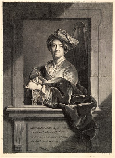 Pierre Drevet (French, 1663-1738) after Hyacinthe Rigaud (French, 1659 - 1743). Portrait of the Painter, Hyacinthe Rigaud, 1714. Engraving on laid paper. Plate: 474 mm x 345 mm (18.66 in. x 13.58 in.). Fifth of five states.