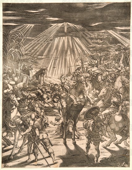 Cristofano Bertelli (Italian, born ca. 1525, active ca. 1550â€ì1600) after Pordenone (aka Giovanni Antonio Licinio) (Italian, 1483/1484 - 1539). The Conversion of St. Paul, ca. 1550- 1560. Engraving.