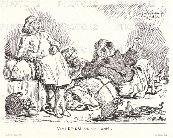 EugÃ¨ne Delacroix (French, 1798 - 1863). Muletiers de Tetuan. Pen lithograph on loose China paper. Second state.