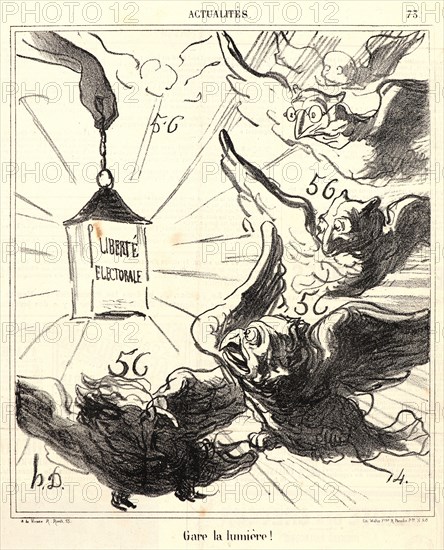 Honoré Daumier (French, 1808 - 1879). Gare la lumiÃ¨re!, 1870. From Actualités. Lithograph on newsprint paper. Image: 236 mm x 204 mm (9.29 in. x 8.03 in.). Second of two states.