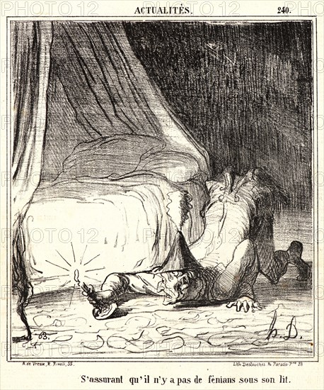 Honoré Daumier (French, 1808 - 1879). S'Assurent Qu'il n'y a pas de Fenians sous son Lit, 1866. From Actualités. Lithograph on newsprint paper. Image: 232 mm x 309 mm (9.13 in. x 12.17 in.). Second of three states.