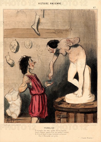 Honoré Daumier (French, 1808 - 1879). Pygmalion, 1842. From Histoire Ancienne. Lithograph with hand coloring of the period on white wove paper. Image: 229 mm x 189 mm (9.02 in. x 7.44 in.). Third state.