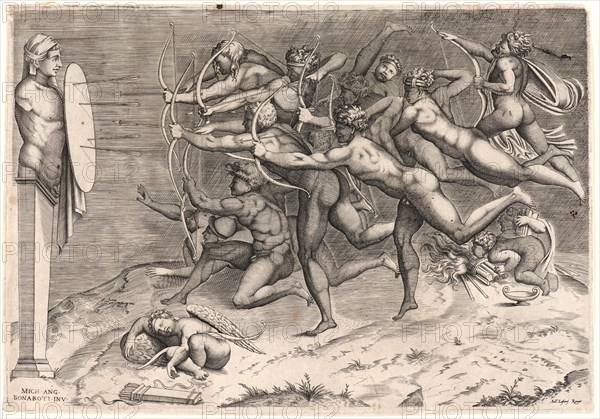 Attributed to Nicolas Béatrizet (French, born 1507 or 1515, died ca. 1565) after Michelangelo Buonarroti (Italian, 1475 - 1564). Vices Aiming at a Target, ca. 1548-1560. Engraving. Plate: 353 mm x 243 mm (13.9 in. x 9.57 in.).