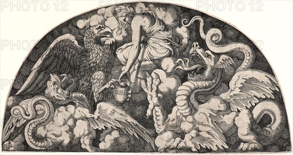 Monogrammist L. D. (aka Leon Davent, French, active 1540-1556) after Giulio Romano (Italian, probably 1499-1546). Jupiter's Eagle Bringing Psyche Water from the River Styx, 1540 (possibly). Etching on laid paper. Plate: 205 mm x 393 mm (8.07 in. x 15.47 in.). Only state.