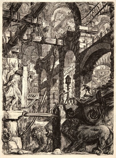 Giovanni Battista Piranesi (Italian, 1720 - 1778). The Lion Bas-Reliefs, 1761. From Carceri d'Invenzione di G. Battista Piranesi, Archit[etto] Vene[ziano]. Etching on laid paper. Plate: 562 mm x 411 mm (22.13 in. x 16.18 in.). First of two states.