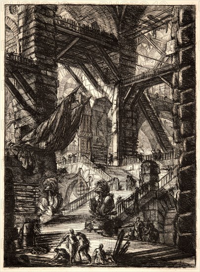 Giovanni Battista Piranesi (Italian, 1720 - 1778). The Staircase with Trophies, 1761. From Carceri d'Invenzione di G. Battista Piranesi, Archit[etto] Vene[ziano]. Etching. Plate: 345 mm x 396 mm (13.58 in. x 15.59 in.). Second of three states.