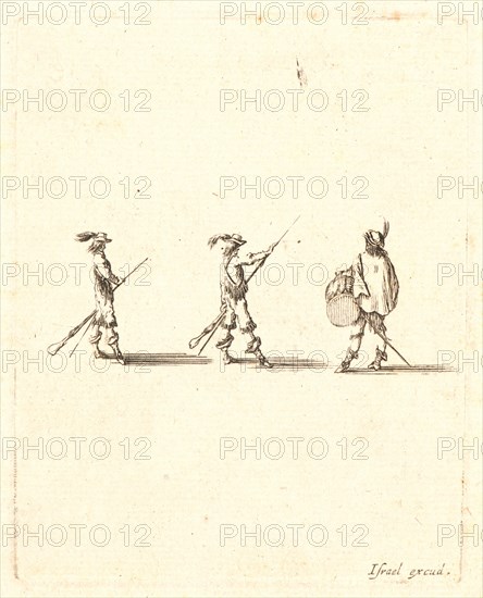 Stefano Della Bella (Italian, 1610 - 1664). Deux soldats faisant l'exercise du fusil et un troisième battant du tambour, 17th century. From Recueil de diverses pièces très necéssaires à la fortification. Etching.