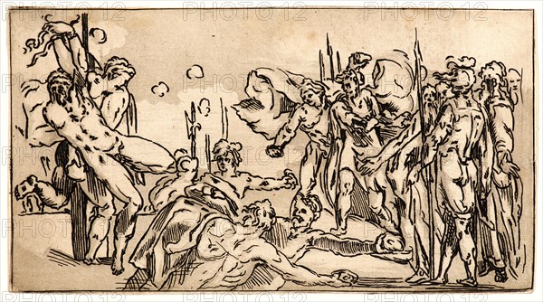 Anonymous (French). Stoning of Two Figures Tied to a Stake, 18th century. Etching and aquatint in the manner of pen and wash drawing on laid paper. Plate: 116 mm x 213 mm (4.57 in. x 8.39 in.).
