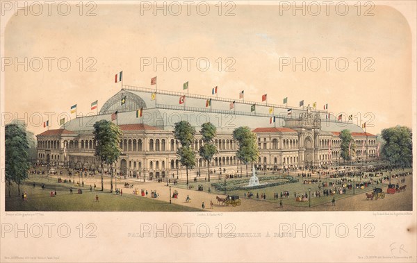 Victor Petit (French, born 1817 - ). Palais de l'exposition universelle Ã  Paris, ca. 1867. Lithograph with hand coloring on heavy cream wove paper. Image: 210 mm x 413 mm (8.27 in. x 16.26 in.).