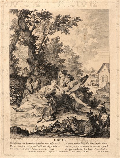 Pierre-Alexandre Aveline (French, 1702 - 1760). Sense of Hearing (L'Ouie), 18th century. Etching on laid paper. Plate: 268 mm x 200 mm (10.55 in. x 7.87 in.).