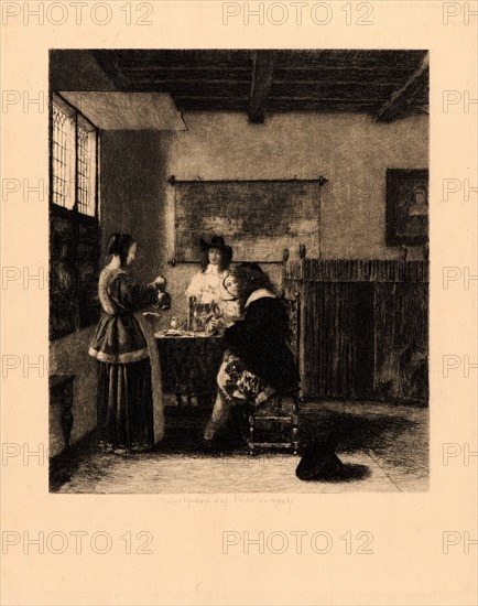 Daniel Charles Marie Mordant (French, 1853 - 1914) after Pieter de Hooch (aka Pieter de Hooghe, Dutch, 1629 - 1684). Two Ladies and Two Gentlemen in an Interior. Etching on tan Japan paper. Plate: 188 mm x 161 mm (7.4 in. x 6.34 in.).