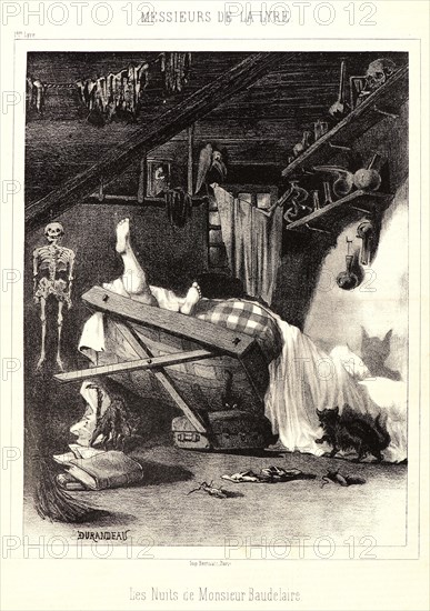 Durandeau (French, active 19th century). The Nights of Mr. Baudelaire (Les Nuits de Monsieur Baudelaire), 1861. Lithograph on wove newsprint paper. Image: 275 mm x 211 mm (10.83 in. x 8.31 in.).