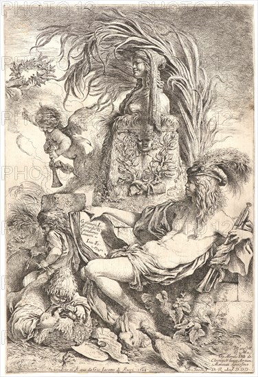 Giovanni Benedetto Castiglione (Italian, 1609 - 1664). The Genius of Castiglione, ca. 1648. Etching on heavy laid paper. Plate: 363 mm x 244 mm (14.29 in. x 9.61 in.). Undescribed state with Rossi's address but before the indication of place.