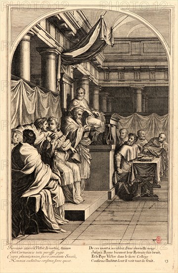 Anonymous after Eustache Le Sueur (French, 1616 - 1655). The Life of Saint Bruno, or The Founding of the Carthusian Order, Plate 13, 17th-18th century. From The Life of Saint Bruno, or The Founding of the Carthusian Order. Engraving on laid paper. Plate: 338 mm x 220 mm (13.31 in. x 8.66 in.).