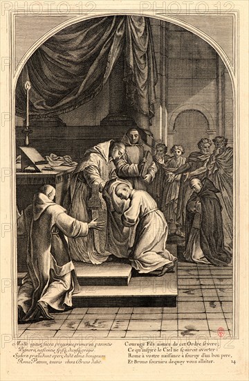 Anonymous after Eustache Le Sueur (French, 1616 - 1655). The Life of Saint Bruno, or The Founding of the Carthusian Order, Plate 14, 17th-18th century. From The Life of Saint Bruno, or The Founding of the Carthusian Order. Engraving on laid paper. Plate: 338 mm x 220 mm (13.31 in. x 8.66 in.).