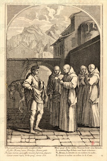 Anonymous after Eustache Le Sueur (French, 1616 - 1655). The Life of Saint Bruno, or The Founding of the Carthusian Order, Plate 15, 17th-18th century. From The Life of Saint Bruno, or The Founding of the Carthusian Order. Engraving on laid paper. Plate: 338 mm x 220 mm (13.31 in. x 8.66 in.).