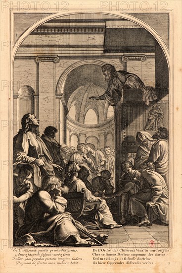 Anonymous after Eustache Le Sueur (French, 1616 - 1655). The Life of Saint Bruno, or The Founding of the Carthusian Order, Plate 1, 17th-18th century. From The Life of Saint Bruno, or The Founding of the Carthusian Order. Engraving on laid paper. Plate: 338 mm x 220 mm (13.31 in. x 8.66 in.).