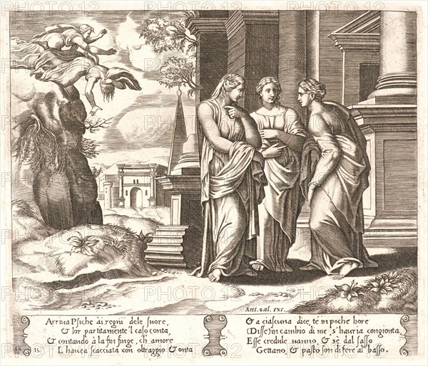 Master of the Die (Italian, born ca. 1512, active 1532/1533) after Raphael (Italian, 1483 - 1520). Psyche Telling Her Misfortunes to Her Sisters, ca. 1532-1533. From The Fable of Psyche. Engraving on laid paper. Plate: 201 mm x 238 mm (7.91 in. x 9.37 in.). Second of two states.