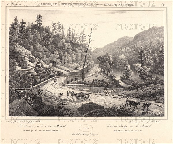 F. Jacques Milbert (French). Road and Bridge over the Mohawk River, ca. 1830-1840. From Amérique Septentrionale. Lithograph on chine collé. Sheet: 262 mm x 315 mm (10.31 in. x 12.4 in.).