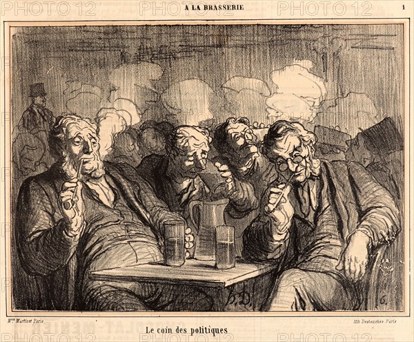 Honoré Daumier (French, 1808 - 1879). The Politicians' Corner (Le Coin des Politiques), 1863. From A` la Brasserie. Lithograph on wove newsprint paper. Image: 197 mm x 271 mm (7.76 in. x 10.67 in.). Second of two states.