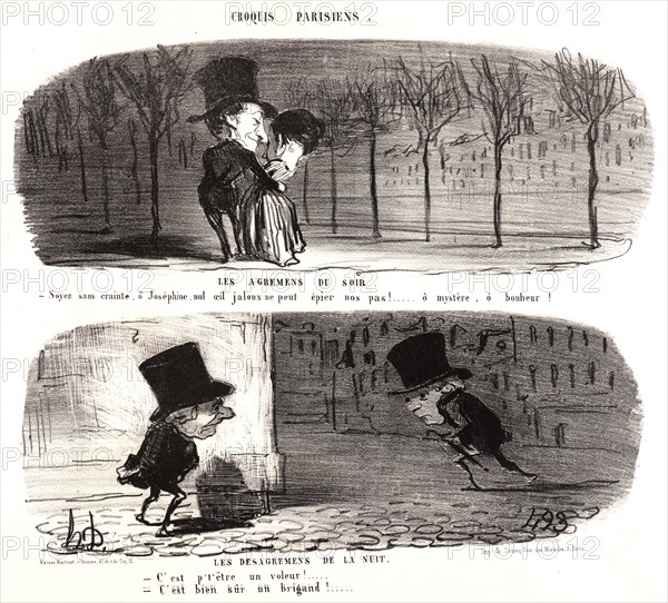 Honoré Daumier (French, 1808 - 1879). The Agreements of the Evening (Les agremens du soir...) [and] The Disagreement of the Evening, 1853. From Croquis Parisiens. Lithograph on heavy wove paper. Sheet: 255 mm x 340 mm (10.04 in. x 13.39 in.). Second of two states.